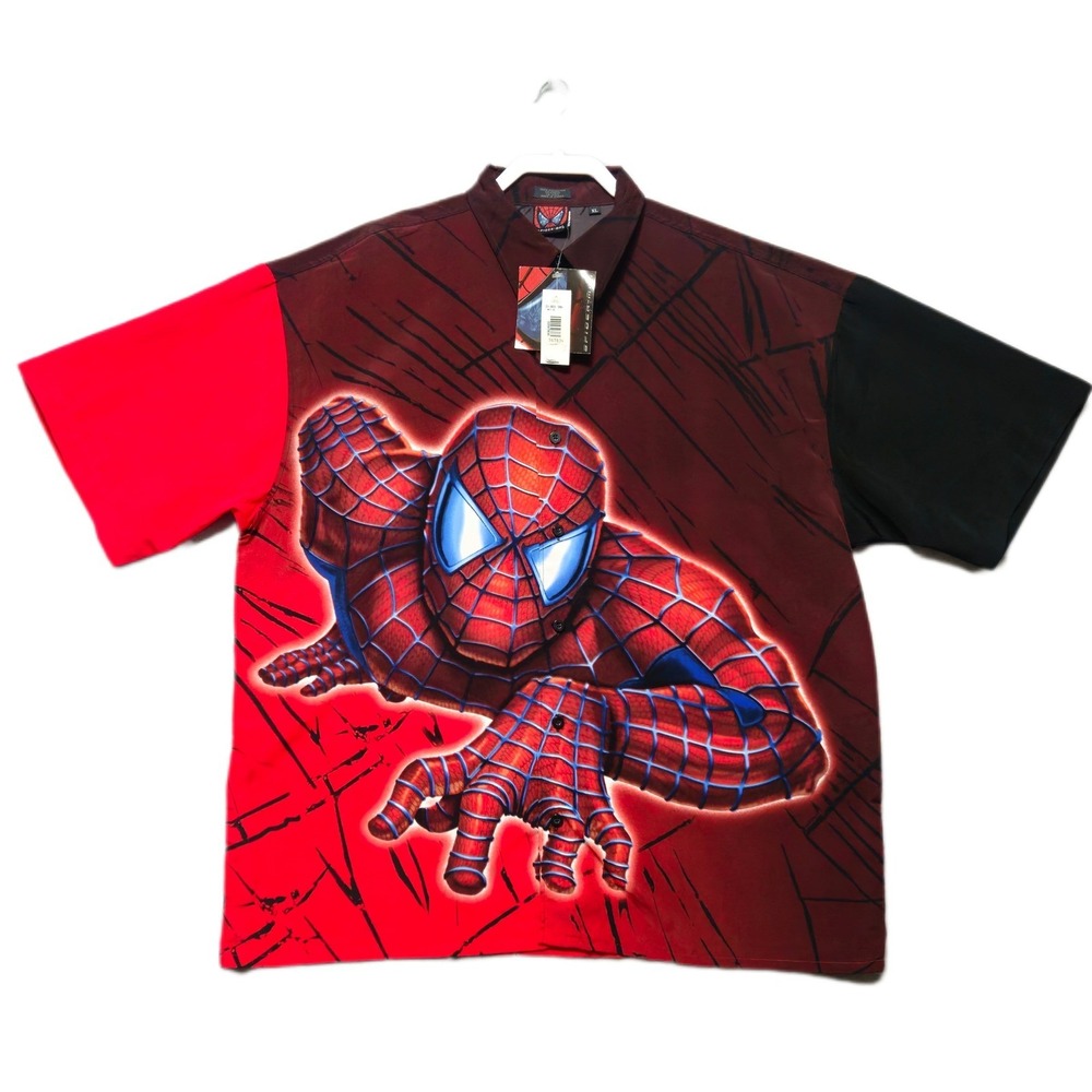MARVEL Spiderman Graphic Shirt Mens XL‎ Red Black Button Up Movie Comic Merch